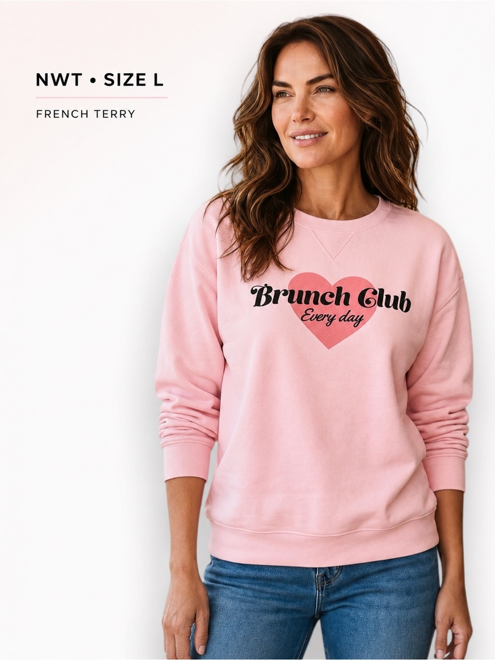 Wildfox Brunch Club Heart Graphic Pink French Terry Sweatshirt NWT L